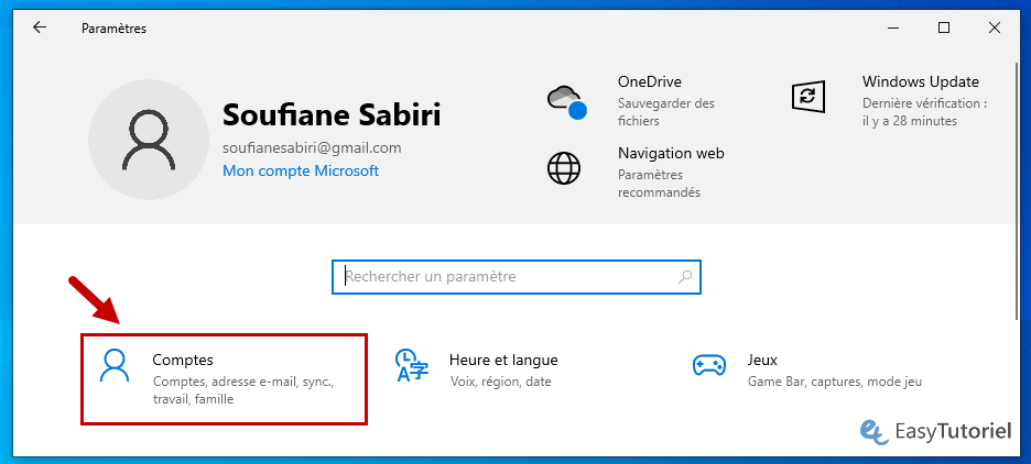 parametres windows 10 comptes