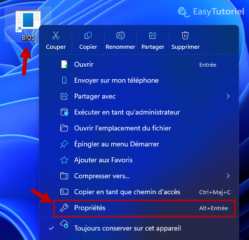 proprietes raccourci BIOS
