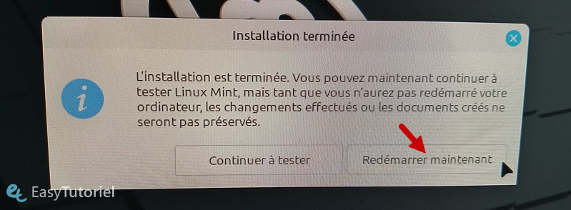 redemarrer maintenant installation linux mint terminee