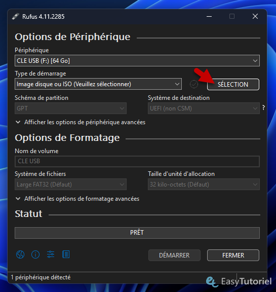 rufus cle usb selectionnee