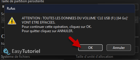 toutes les donnees du volume vont etre effacees