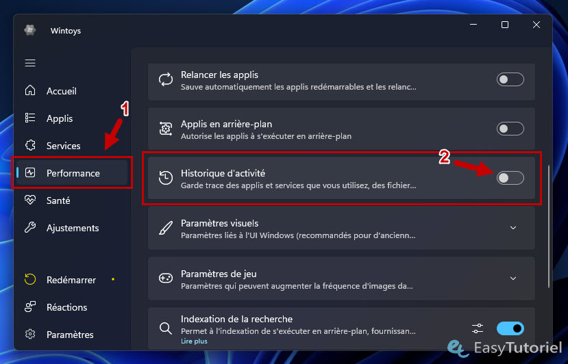 desactiver historique d activite windows wintoys