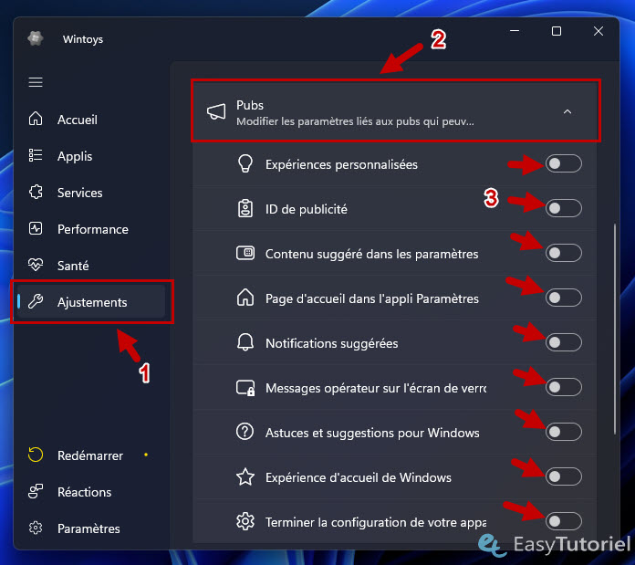 desactiver pubs windows wintoys