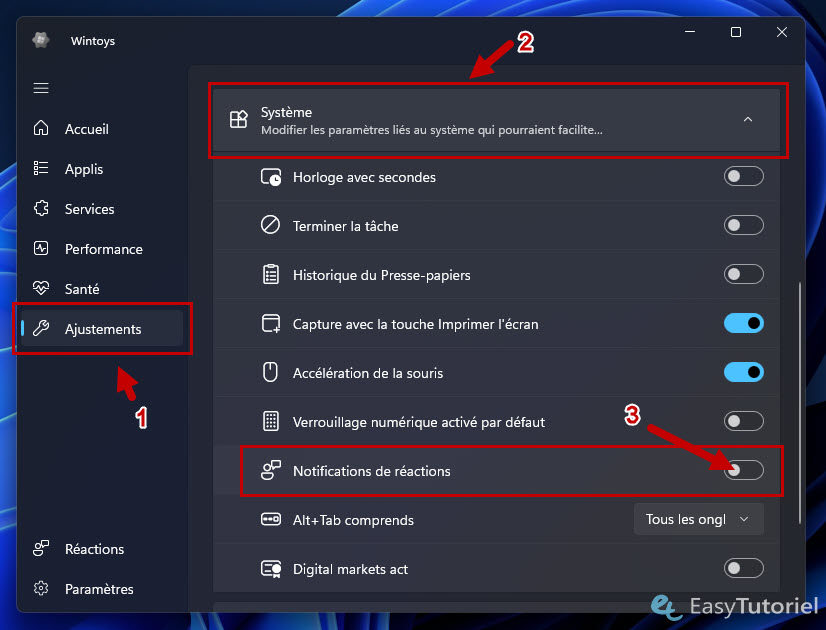 notifications de reactions wintoys