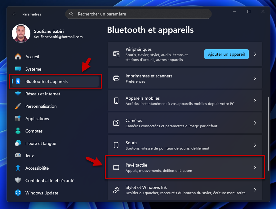 parametres bluetooth et appareils pave tactile