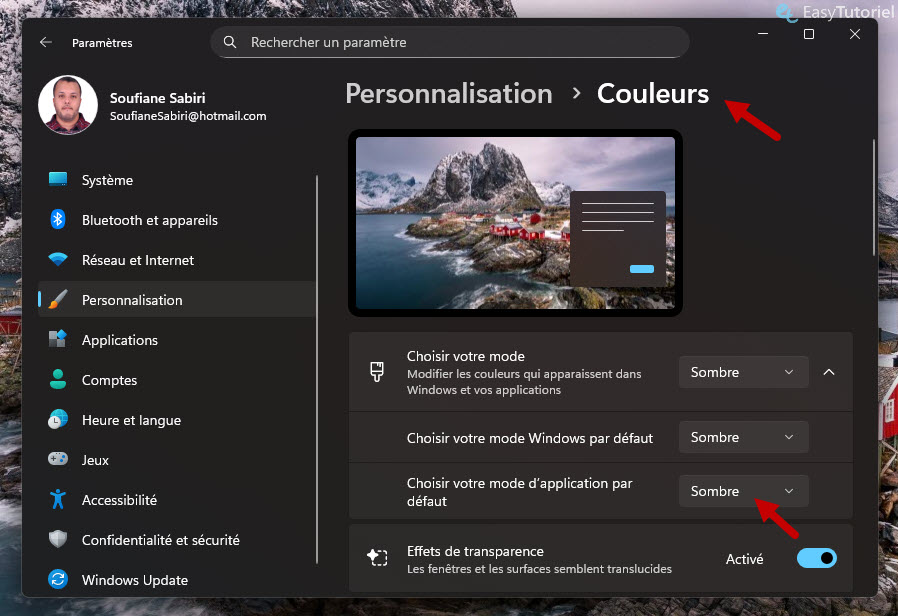 choisir le mode d application par defaut sombre