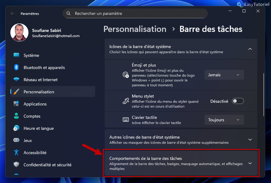 comportement de la barre des taches