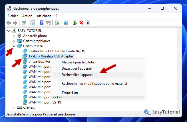 desinstaller l appareil carte reseau