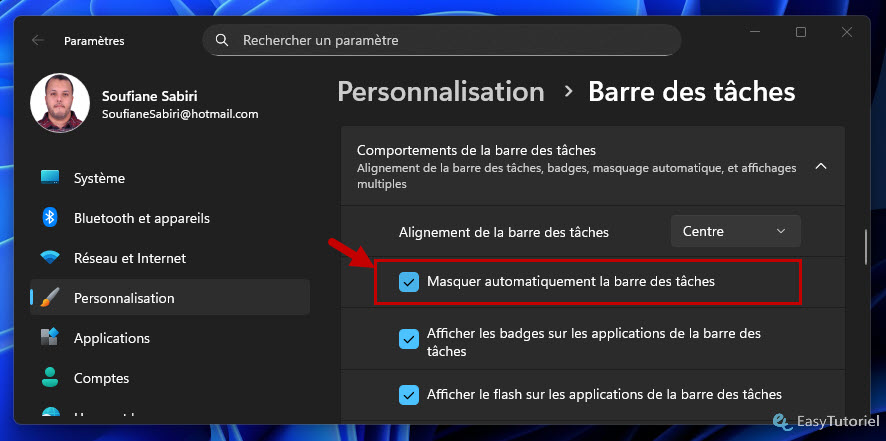 masquer automatiquement la barre des taches