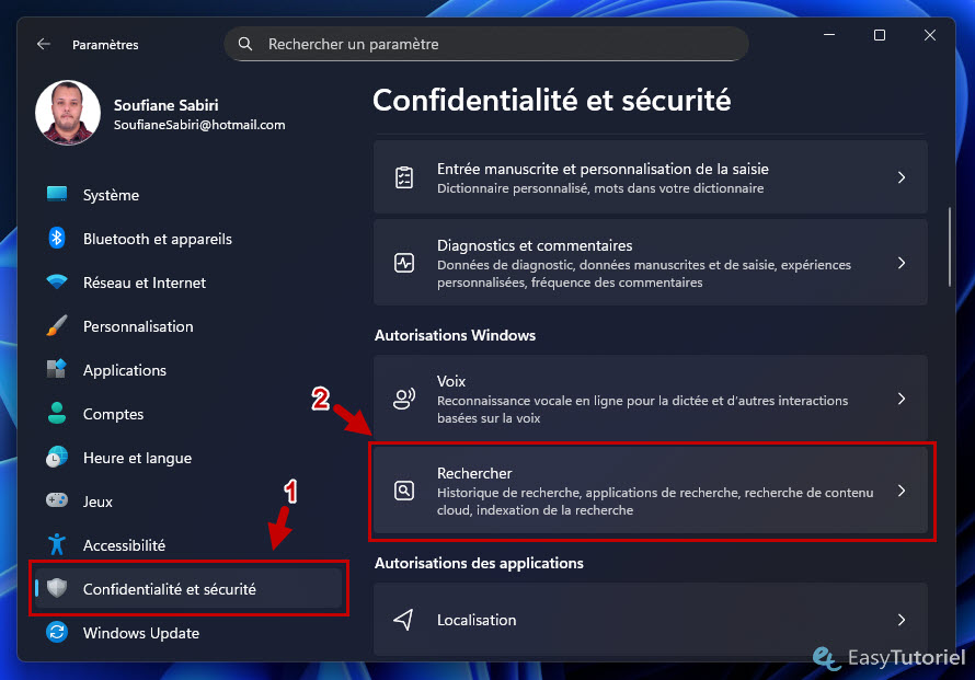 parametres confidentialite et securite rechercher