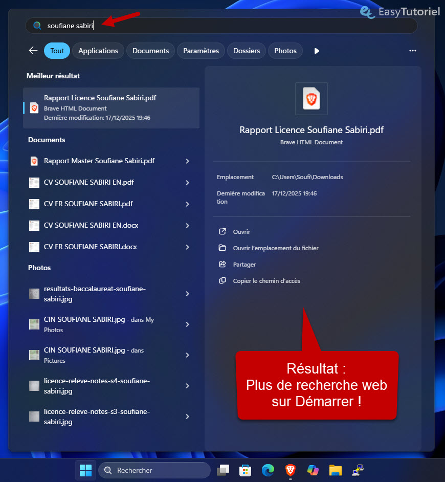 recherche bing desactivee demarrer windows 11