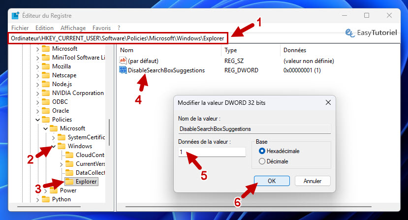 registre regedit disablesearchboxsuggestions 1