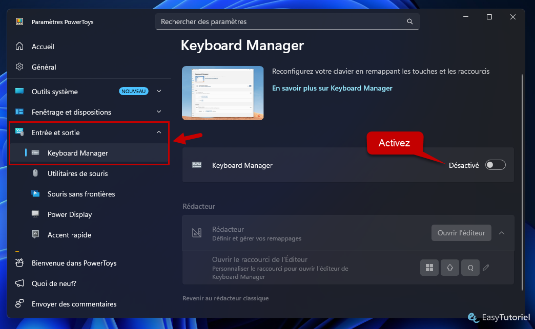 activer keyboard manager parametres powertoys