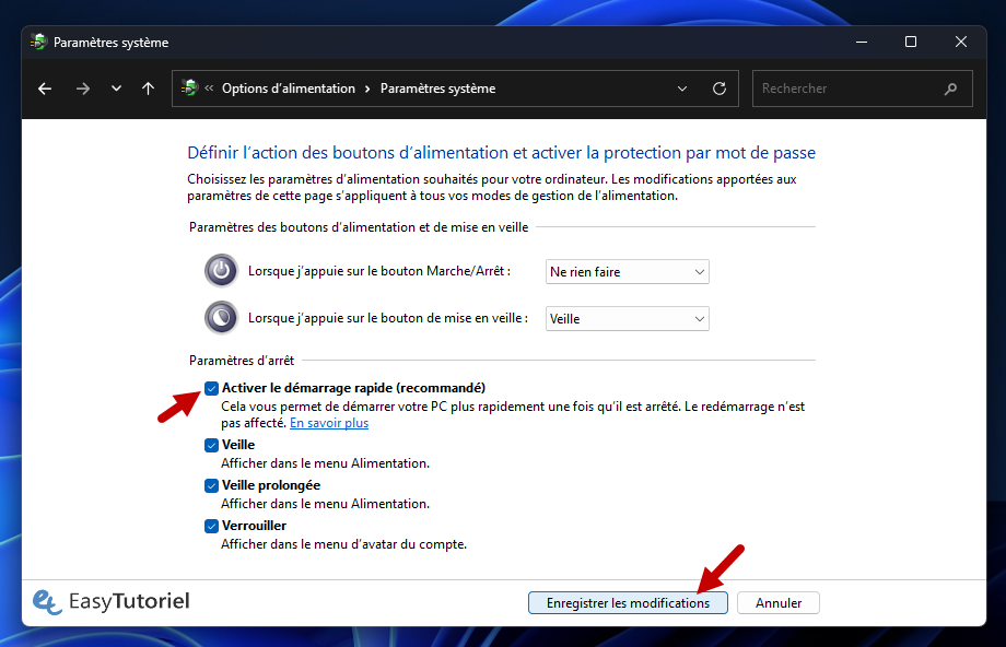 activer le demarrage rapide recommande