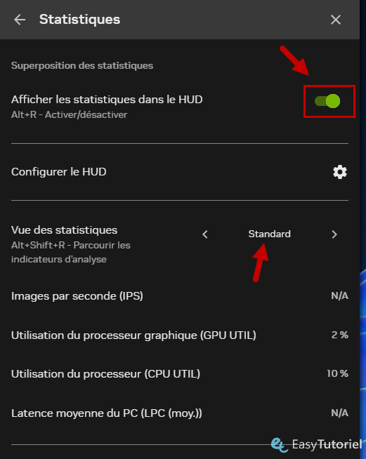 afficher les statistiques dans le HUD nvidia app
