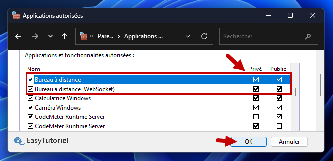 autoriser bureau a distance dans pare feu windows defender