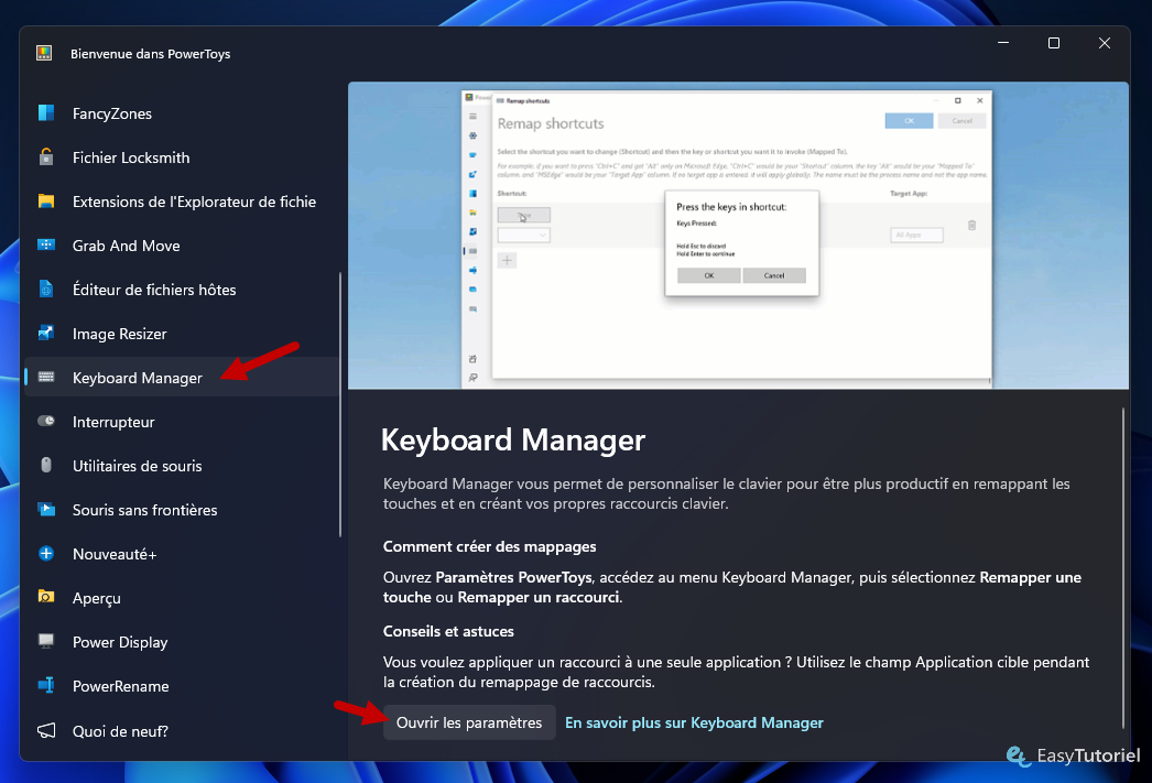 bienvenue powertoys keyboard manager
