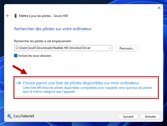 choisir parmi uen liste de pilotes disponibles sur mon ordi