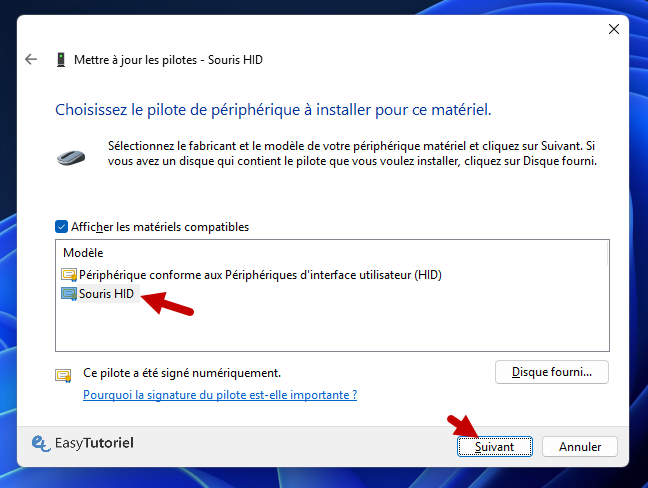 choisissez le pilote de peripherique souris HID