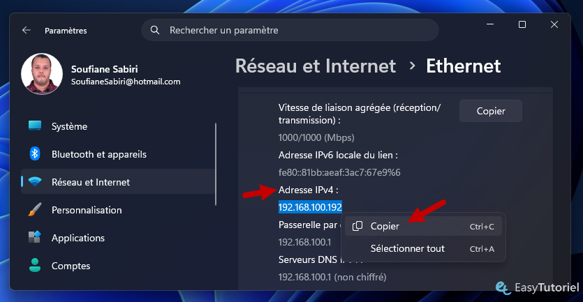 copier adresse ipv4