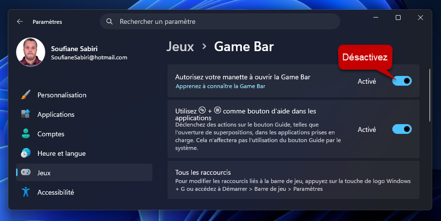 desactiver manette raccourci game bar