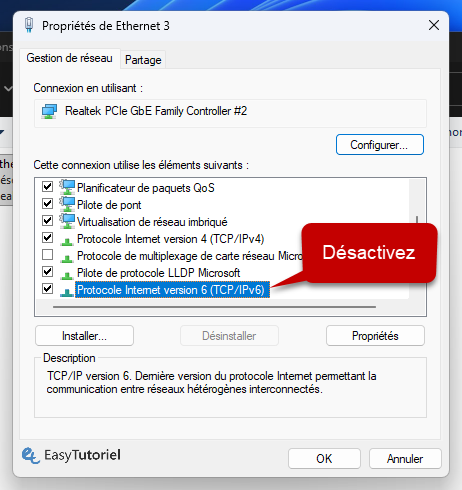 desactiver protocole Internet version 6 IPv6