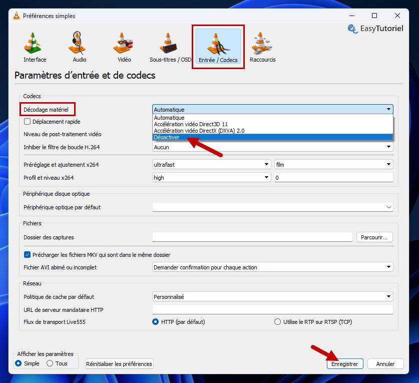 entree codecs desactiver acceleration materielle vlc