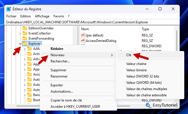 explorer registre nouveau cle
