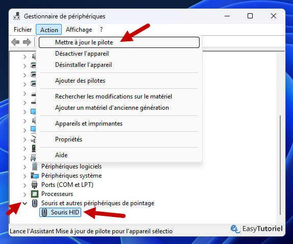 gestionnaire de peripheriques mettre a jour le pilote souris HID