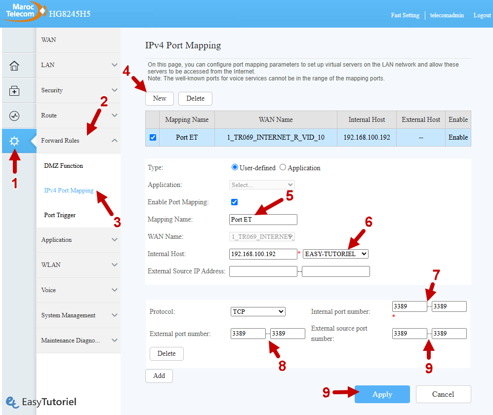 ipv4 port mapping forward rules routeur maroc telecom