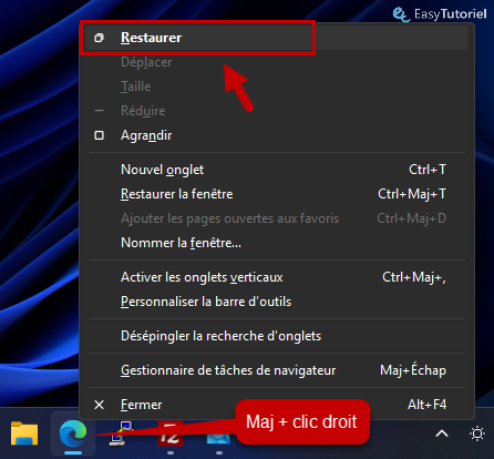 maj clic droit restaurer barre des taches