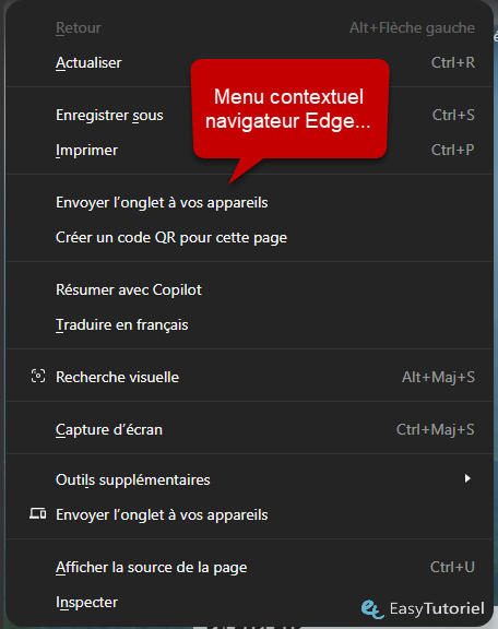 menu contextuel microsoft edge