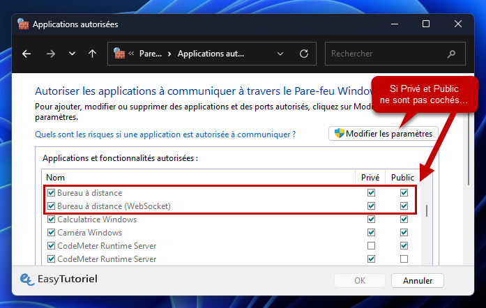 modfier les parametres pare feu bureau a distance