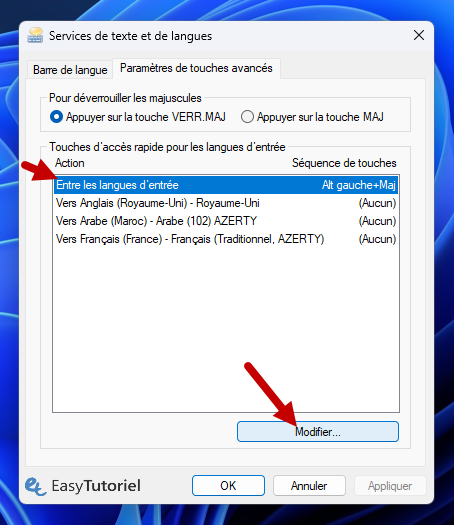 modifier touches entre les langues d entree