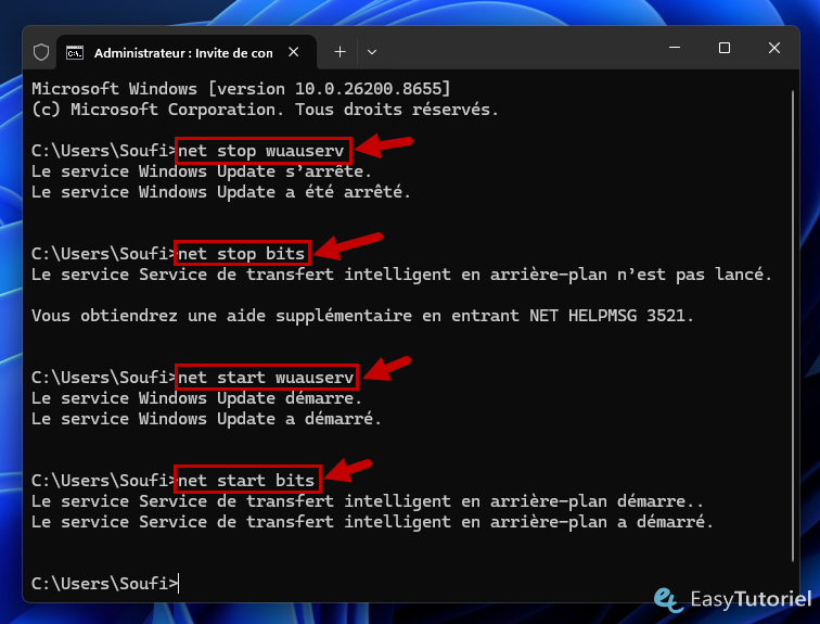 net stop wuauserv net start cmd