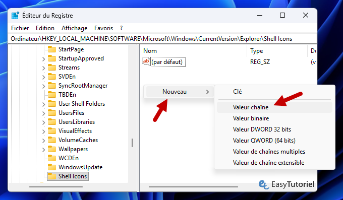 nouveau valeur chaine shell icons registre