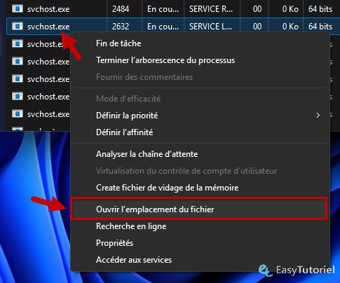ouvrir emplacement fichier svchost