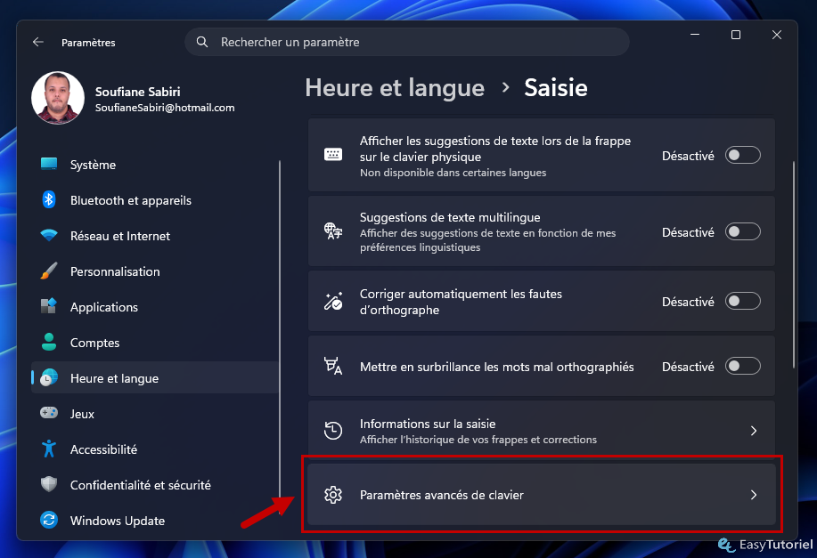parametres avances de clavier parametres