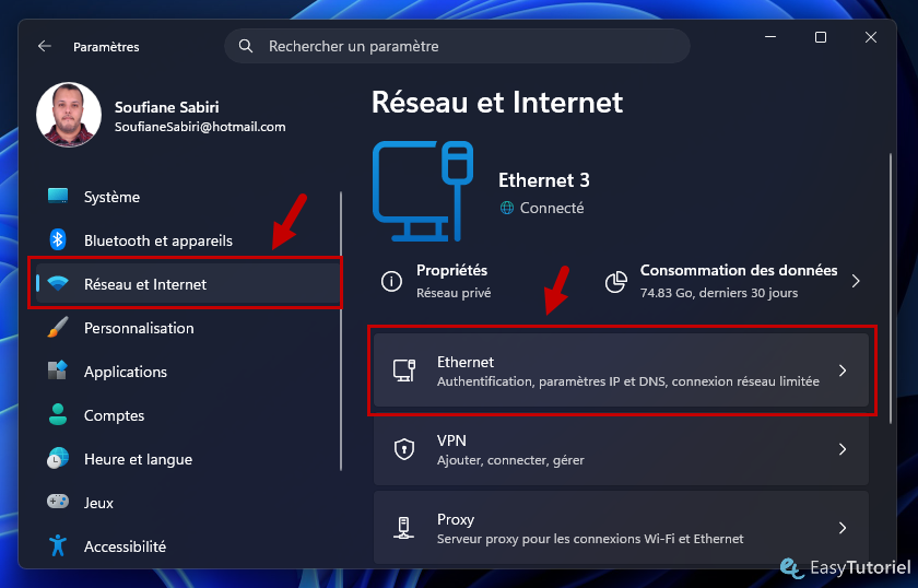 parametres reseau et internet ethernet