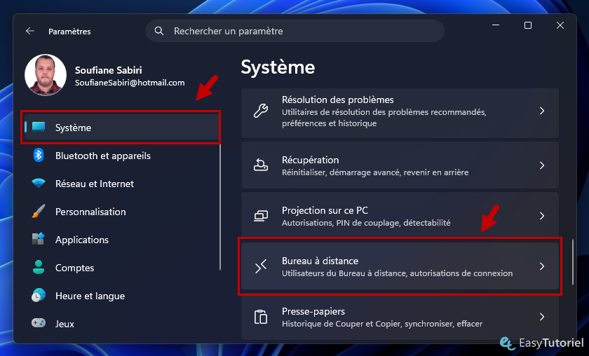 parametres systeme bureau a distance