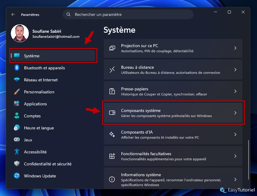 parametres systeme composants systeme
