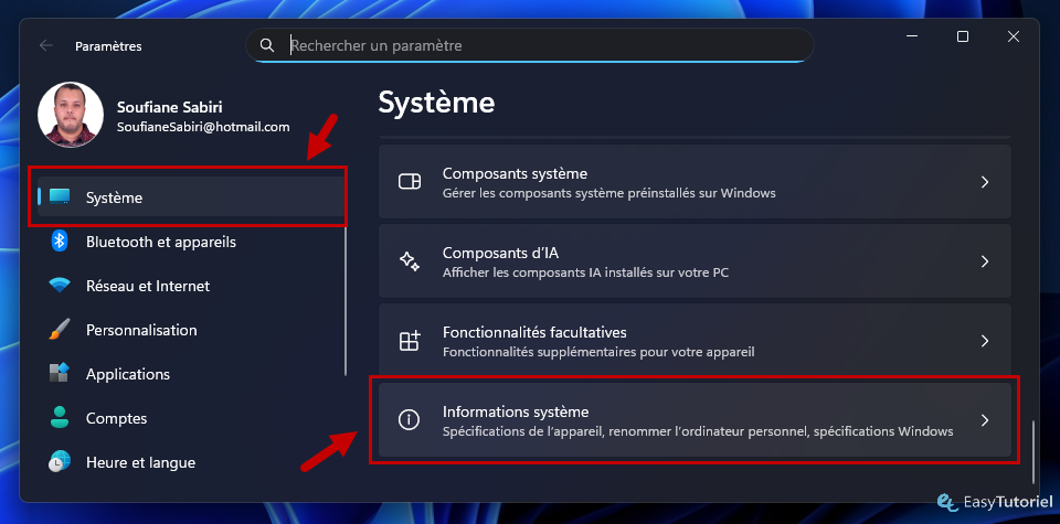 parametres systeme informations systeme