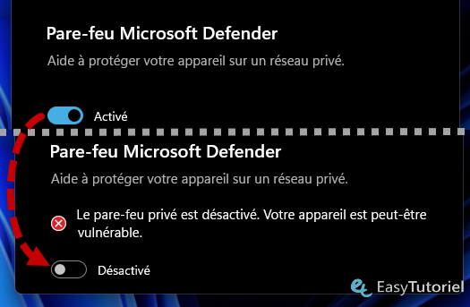 pare feu microsoft defender desactiver