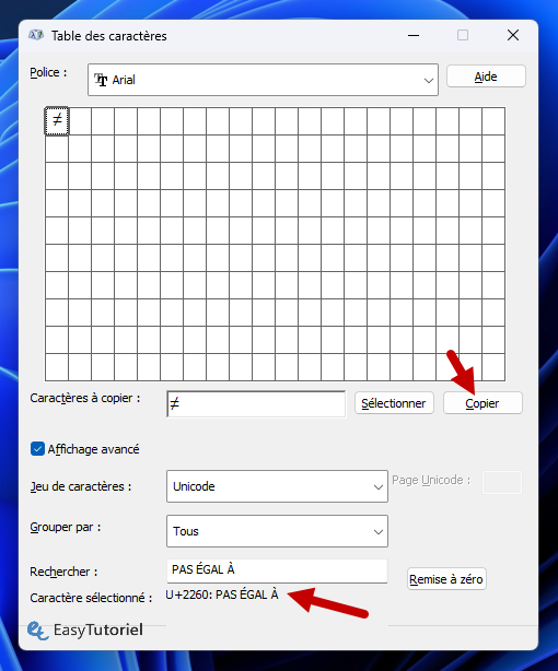 pas egal a different egal barre table des caracteres