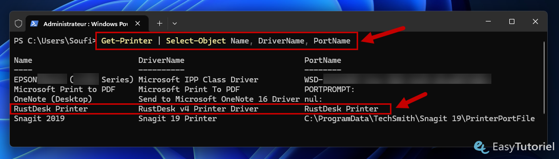 powershell get printer select object