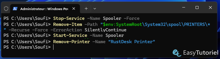 powershell stop service remove item start service remove printer