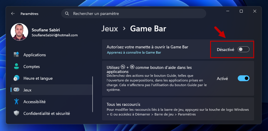 raccourci manette desactiver game bar