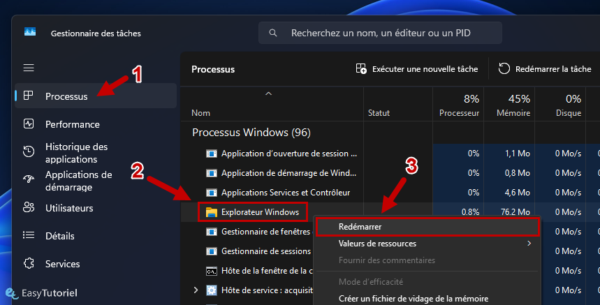 redemarrer explorateur windows gestionnaire des taches