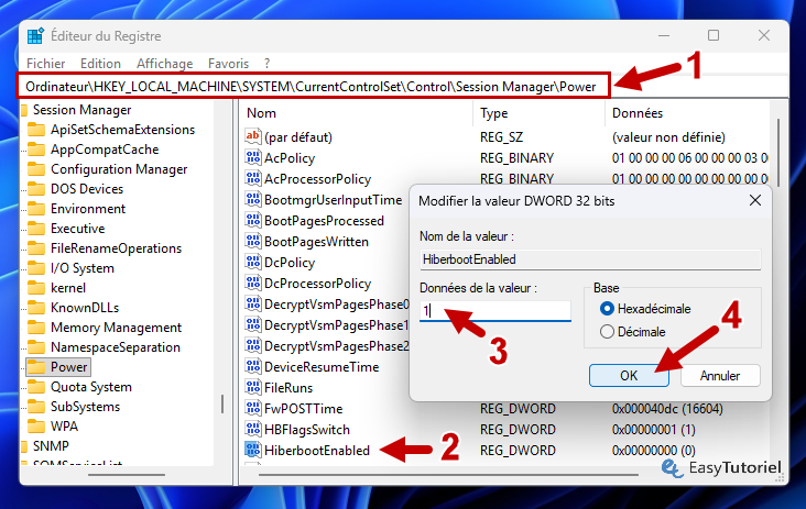 registre hiberbootenabled 1 0 regedit