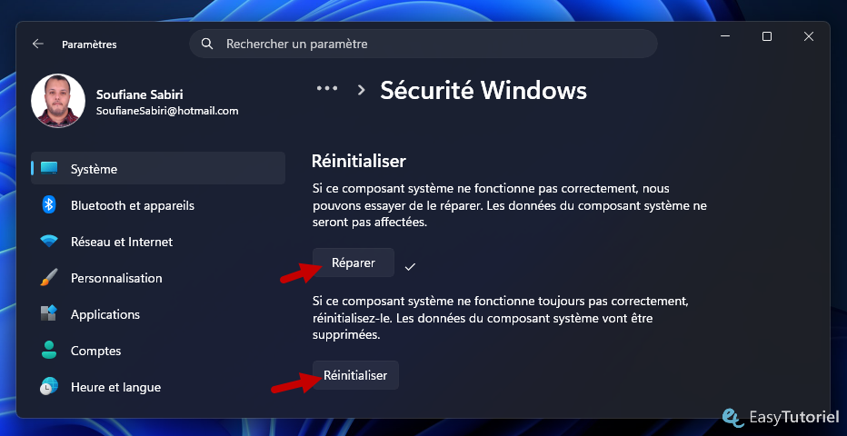 reparer reinitialiser securite windows